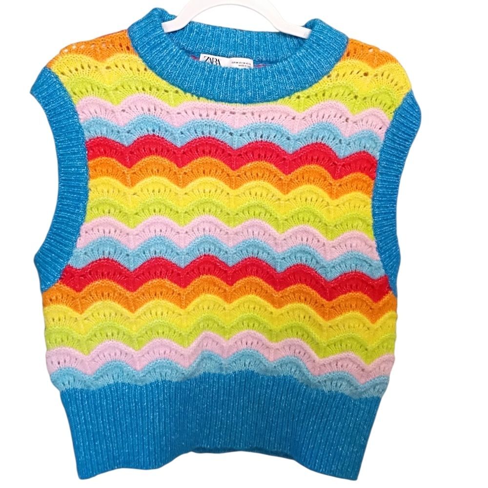ZARA Rainbow Sleeveless Sweater Vest size Medium Wool Alpaca Scalloped Crochet